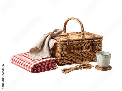 Picnic basket with wicker handle, checkered blanket and wooden cutlery isolated on transparent background PNG