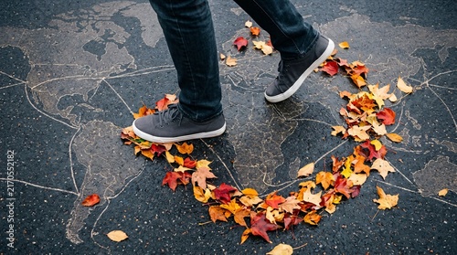 Person walking on world map pavement with autumn leaves in heart shape, celebrating the first day of fall and global wanderlust.