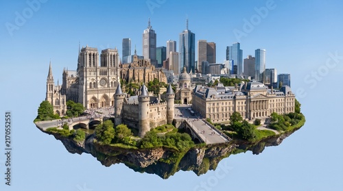 Surreal floating island blending historic European architecture and modern city skyscrapers in a blue sky.