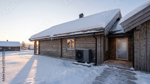 Cozy wooden cabin covered in snow during a crisp winter day with low sun.