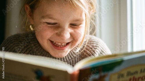 Young Girl Joyfully Reading a Book Inside.