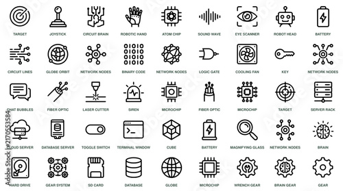 Artificial Intelligence icons set, target, joystick, circuit brain, robotic hand, atom chip, eye scanner, battery, Web icon, App icon, Outline icon, Editable stroke, line art, Vector EPS