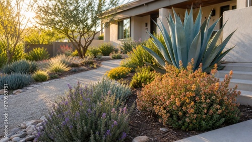 Colorful native drought tolerant plants in a low water front garden, ideal for sustainable landscaping and climate resilience