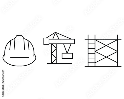 Construction industry outline icon set featuring safety helmet crane and scaffolding structure, linear architectural and building tools