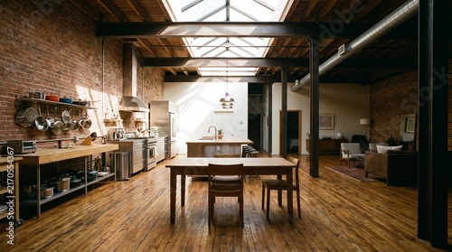Spacious industrial loft interior with exposed brick, wooden floors, and skylights.