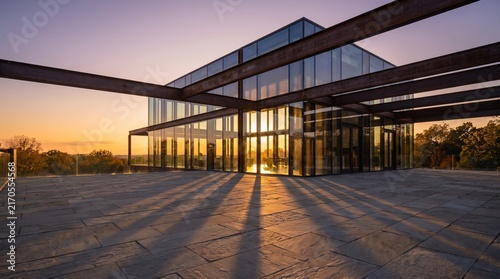 Modern glass building with steel framing at sunset casting long shadows.