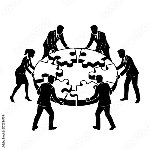 Fotografía Business team joining forces to complete a large round jigsaw puzzle together