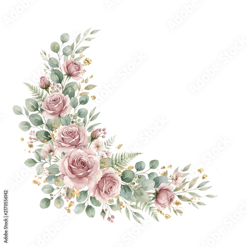 AI generated elegant watercolor floral corner arrangement with pink roses eucalyptus leaves and gold glitter isolated on transparent background