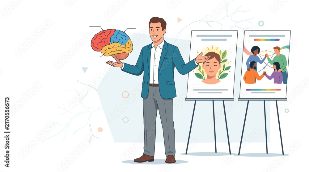 Obraz premium Man presenting brain health, mindfulness, and teamwork during a lecture or workshop