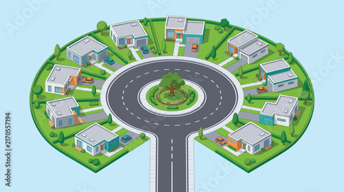 Isometric Modern Suburban Cul-de-Sac Neighborhood Vector Illustration