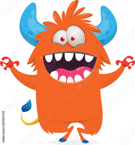 Cute funny Halloween cartoon monster creature waving hands vector