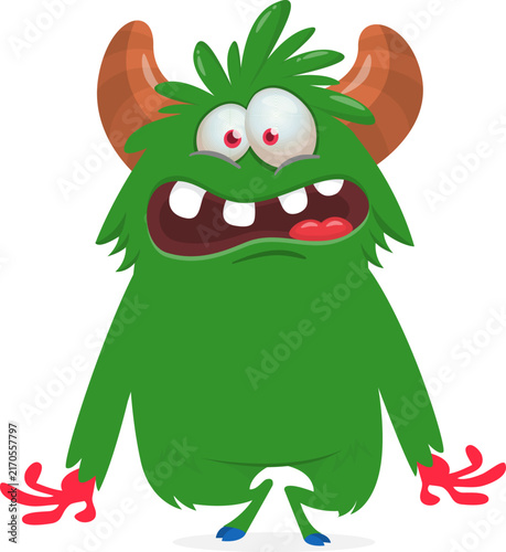 Cute funny Halloween cartoon monster creature waving hands vector