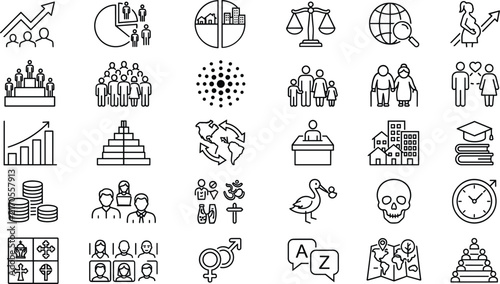 Demography and global population statistics line icon set featuring census data analytics, family structure trends, human life cycle milestones, and sociological diversity symbolsDemography