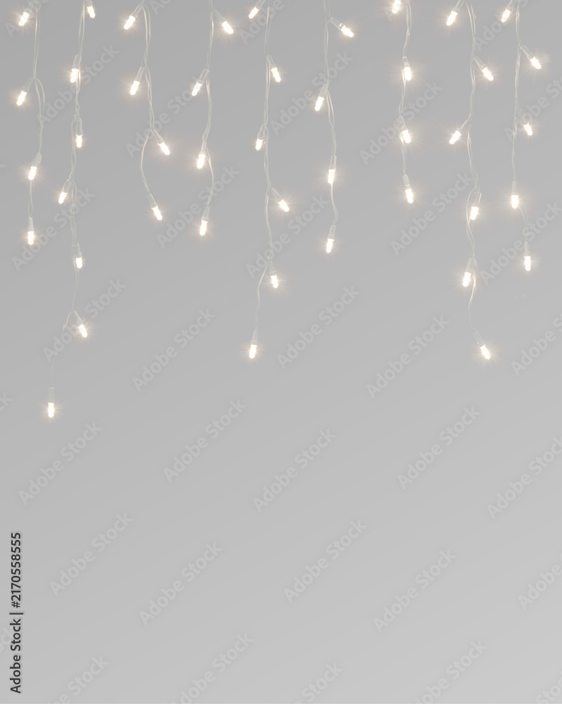 Naklejka premium Warm white LED string light curtain overlay. Hanging fairy lights. Festive holiday decoration, festive holiday decoration element is isolated on a transparent background PNG
