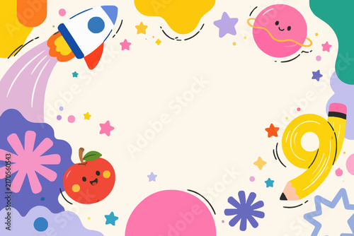 Cute Colorful Kids Doodle Frame with Rocket, Planet, Pencil, Apple and Creative School Elements