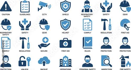 Workplace Safety and Regulatory Compliance Vector Icon Set Featuring Occupational Health, Protective Gear, Industrial Risk Management, and Security Guidelines SymbolsWorkpla