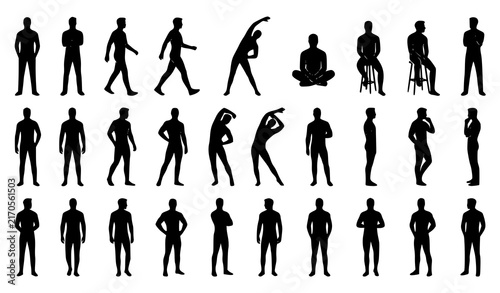 Male Silhouette Vector Set with Men Walking, Standing, Sitting, Stretching, and Meditating Poses for Fitness, Lifestyle, Business, and Casual Graphic Designs