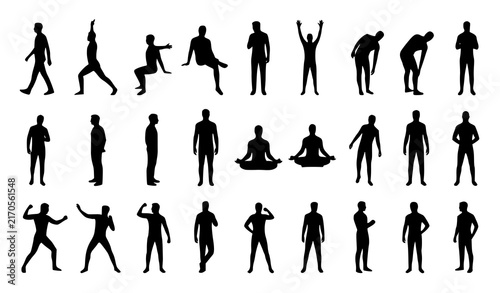 Men Silhouette Vector Collection Featuring Diverse Poses Like Walking, Sitting, Meditating, Boxing, Bending, and Standing for Sports, Health, and Active Lifestyle Designs