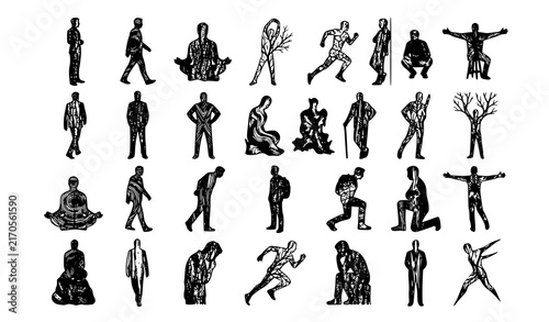 Linocut Style Textured Male Silhouette Set with Men Running, Meditating, Walking, and Standing Poses for Artistic, Fitness, and Lifestyle Vector Graphic Designs
