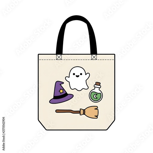 A cute beige canvas tote bag featuring a whimsical halloween print with a friendly ghost a witch hat a potion and a broomstick