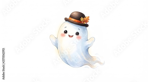 A cute little white ghost character wearing a brown hat with autumn leaves isolated on a plain white background for halloween design projects