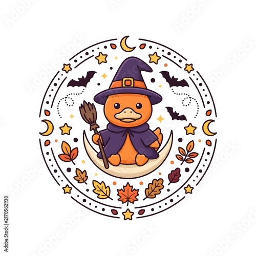 Cute cartoon duckling dressed as a witch sitting on a crescent moon surrounded by autumn leaves bats stars and magical mystical elements