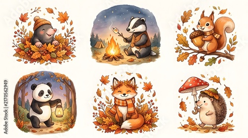 A collection of cute watercolor style forest animals including a bear badger squirrel panda fox and hedgehog surrounded by autumn fall leaves