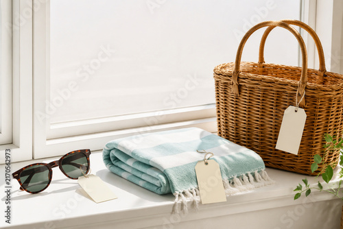 Window ledge with sunglasses, beach towel, picnic basket and sale tags, end of summer retail concept