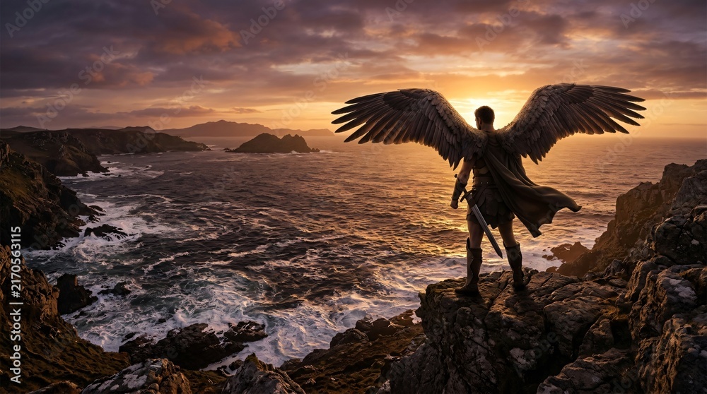 Naklejka premium Winged warrior angel with sword standing on rocky cliff above stormy sea at golden sunset, epic fantasy landscape and dramatic twilight sky.