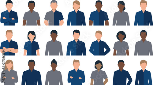 Set of diverse professional people in blue uniforms standing in rows isolated on a white background