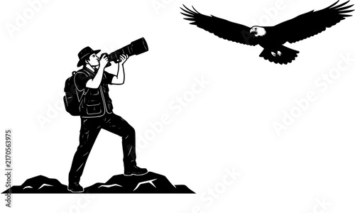 Photographer capturing a flying eagle black silhouette vector illustration for wildlife photography nature adventure and outdoor branding