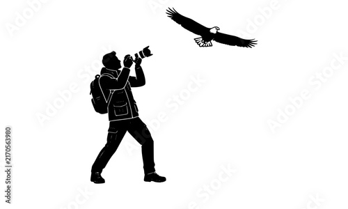 Black silhouette photographer aiming telephoto camera at soaring eagle for wildlife photography nature travel and outdoor vector design