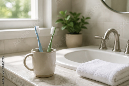 Two toothbrushes in one ceramic mug on bathroom counter, cohabitation and shared living concept