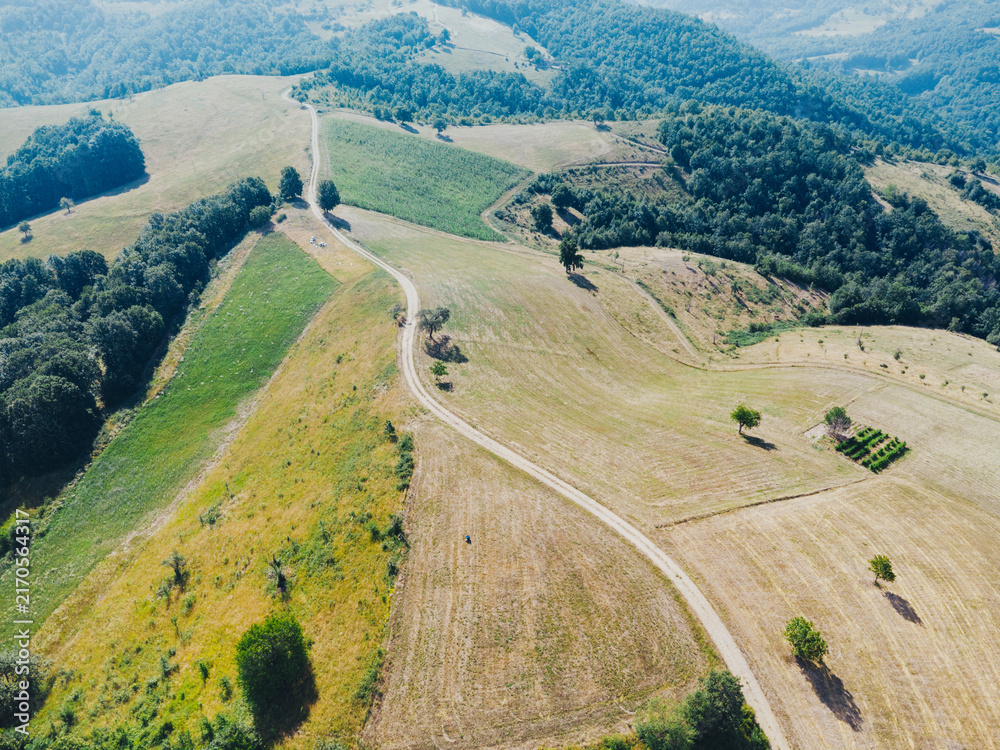 Naklejka premium Aerial drone view of a winding dirt track bisecting sun-scorched hillside pastures and a vibrant green crop field in rolling countryside. Rural concept.