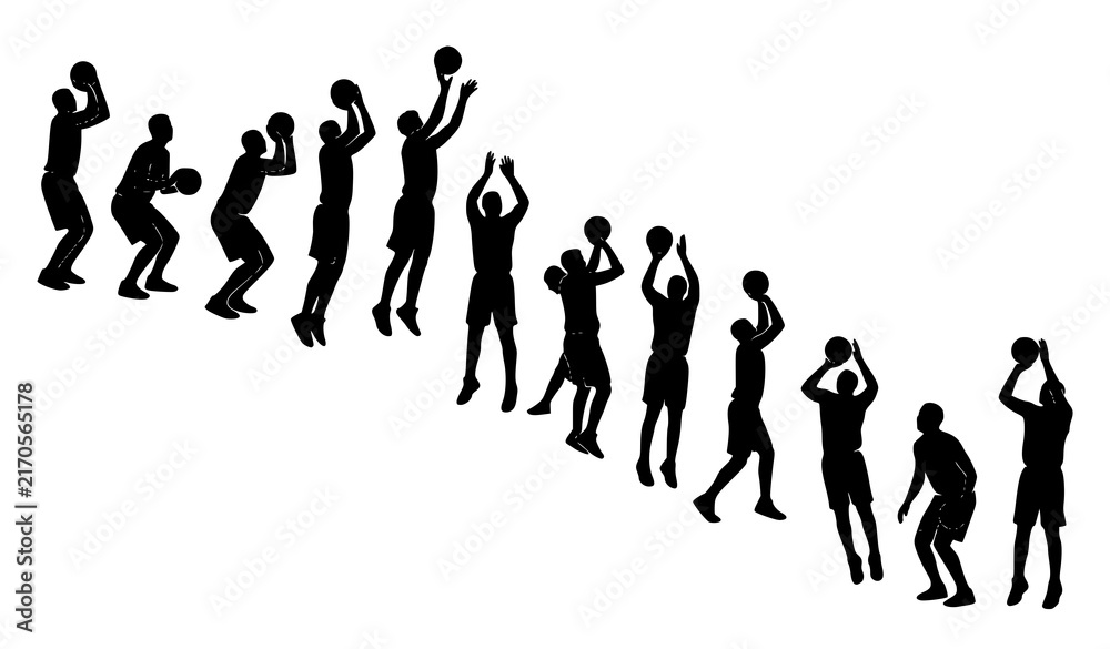 Fototapeta premium Basketball Shooting Action Silhouettes with Jump Shot Fadeaway Three Point and Player Training Poses