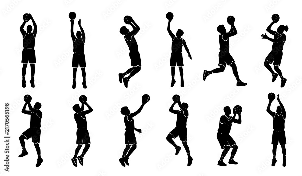 Obraz premium Basketball Player Shooting Silhouettes Vector Set with Jump Shot Three Point Fadeaway and Training Poses