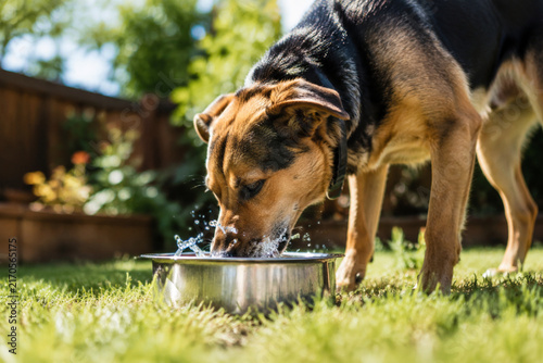 Dog drinking water from metal bowl in backyard, pet hydration and thirst