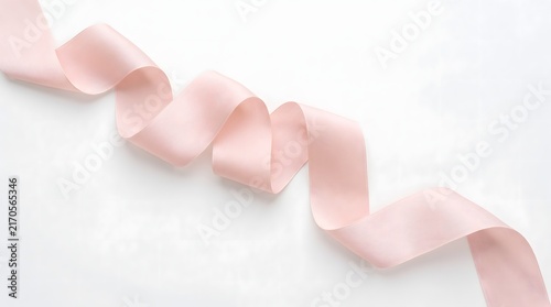 Elegant pastel pink satin ribbon on white background, soft curled fabric texture. Wedding, gift wrap decoration, floral accessory. Smooth shiny material.
