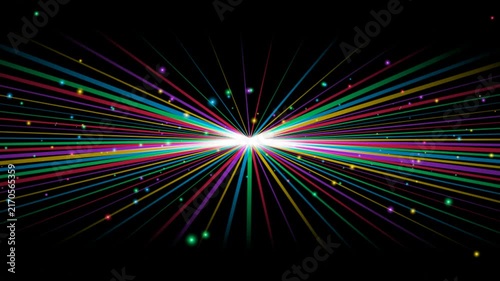 Vibrant abstract light rays and floating particles background, dynamic colorful laser beams motion for digital presentations and events