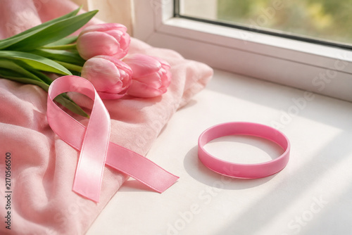 Pink ribbon, tulips and awareness wristband on window ledge, October Breast Cancer Awareness Month