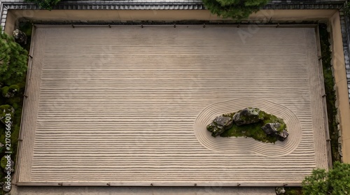 Raked sand zen garden, top view minimalist dry landscape, circular rock center, beige gravel texture, green moss border, abstract outdoor meditation concept