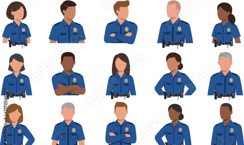 Diverse group of professional police officers wearing blue uniforms standing in a grid on white background