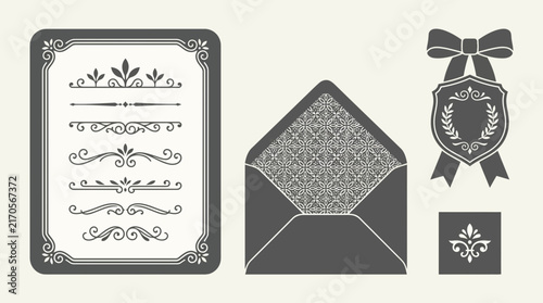 Elegant Decorative Elements: Frame, Envelope, Badge, Floral Emblem