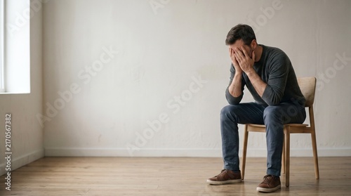 Vertical photo of a sad man sitting alone on a wooden chair in an empty room covering his face