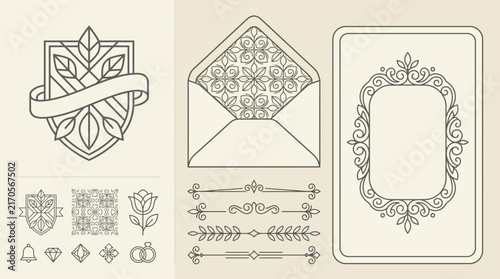 Elegant Decorative Line Art Elements: Crest, Envelope, Frame, Dividers
