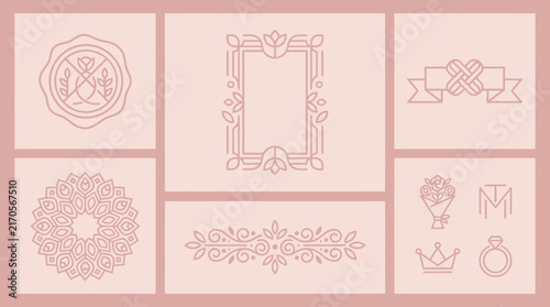 Elegant Decorative Line Art Elements: Frames, Wreaths, Seals, Icons