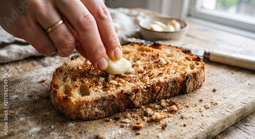  A vibrant, close-up photograph of a toasted rustic bread slice being vigorously rubbed with a raw, peeled clove of garlic, capturing rough bread crumbs clinging to the porous surface.