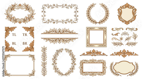 Elegant Decorative Ornaments and Frames, Vintage Botanical Elements