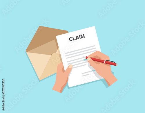 Hands Filling Out Insurance Claim Form with Red Pen over Light Blue Background