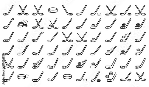 Canvas Print Hockey Sticks and Puck Icon Set Line Art Vector Illustration